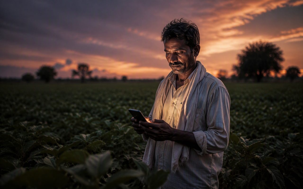 A farmer using a smartphone in a green field