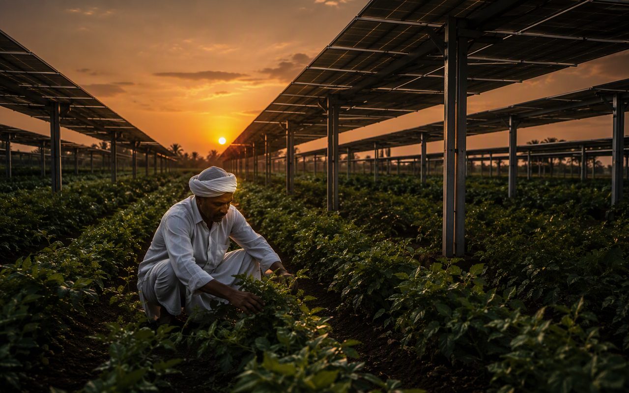Solar panels above crops at dusk — energy harvested twice from the same land