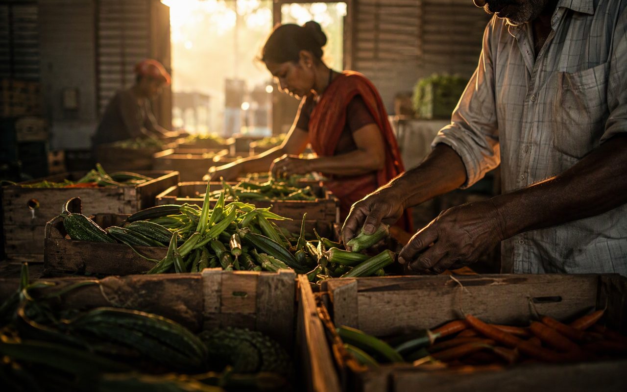 Hands sorting and grading fresh vegetables into crates at a farm packhouse