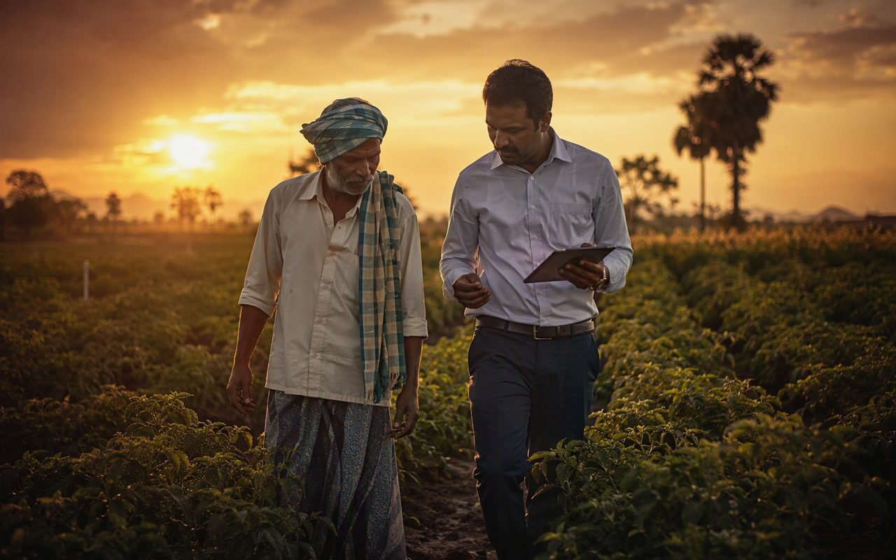 A farmer and an agronomist walking crop rows with a tablet at golden hour