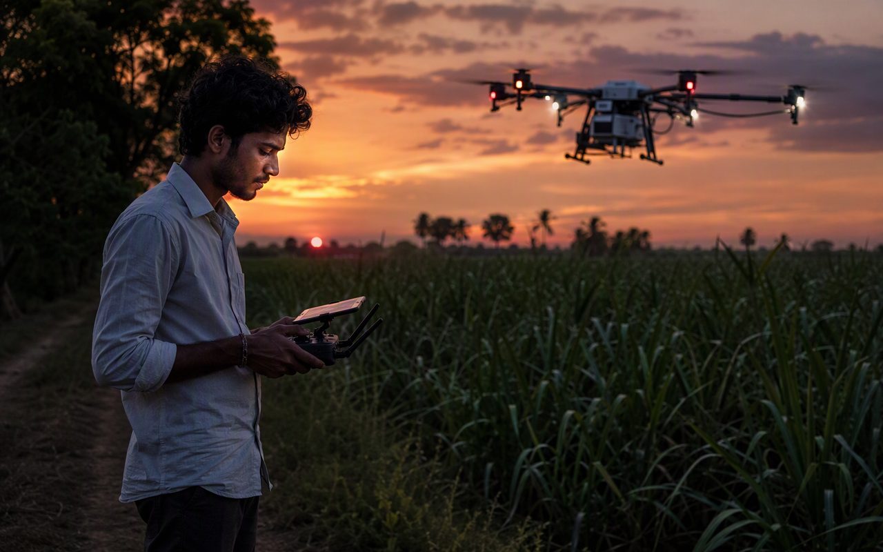 A young operator flying a drone at the field edge at dusk