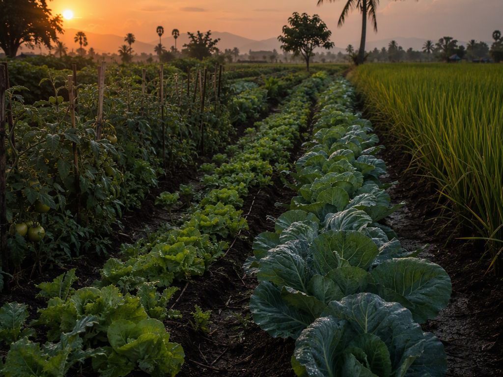 Rows of vegetables and paddy at golden hour