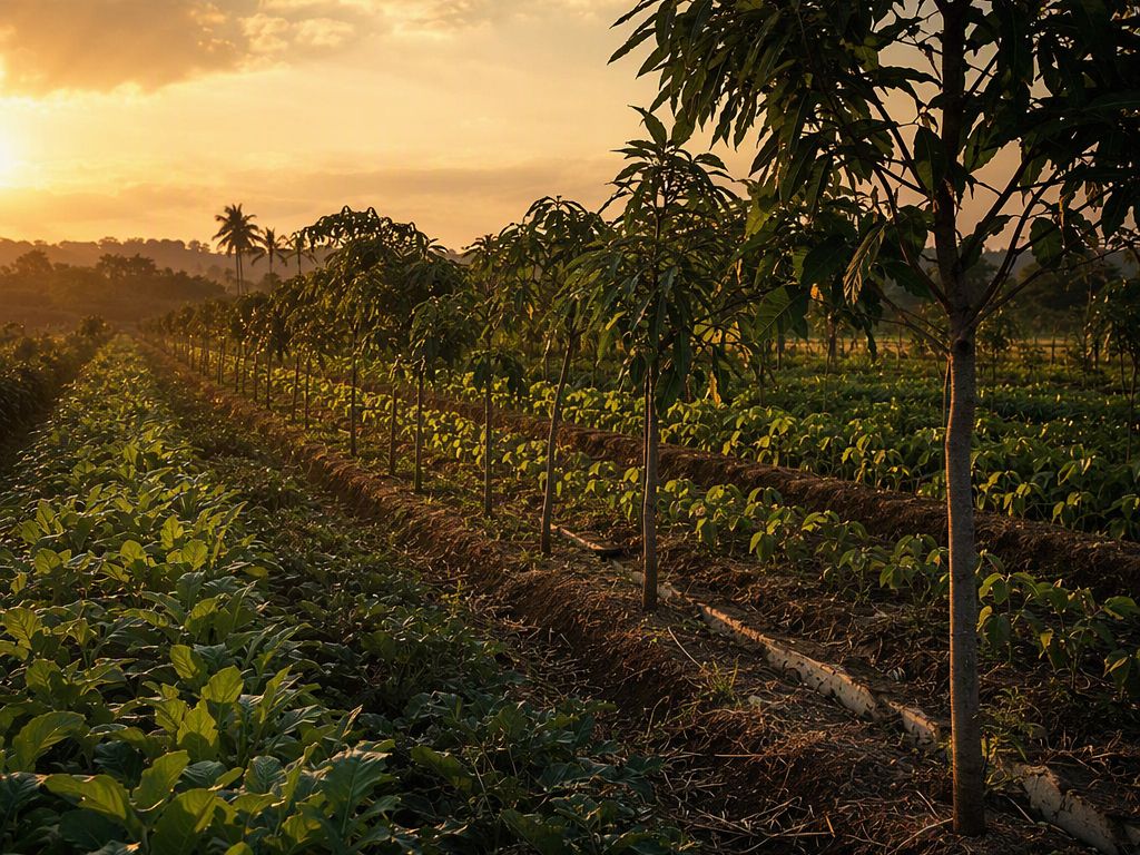 Rows of young trees with crops growing between them, long evening shadows