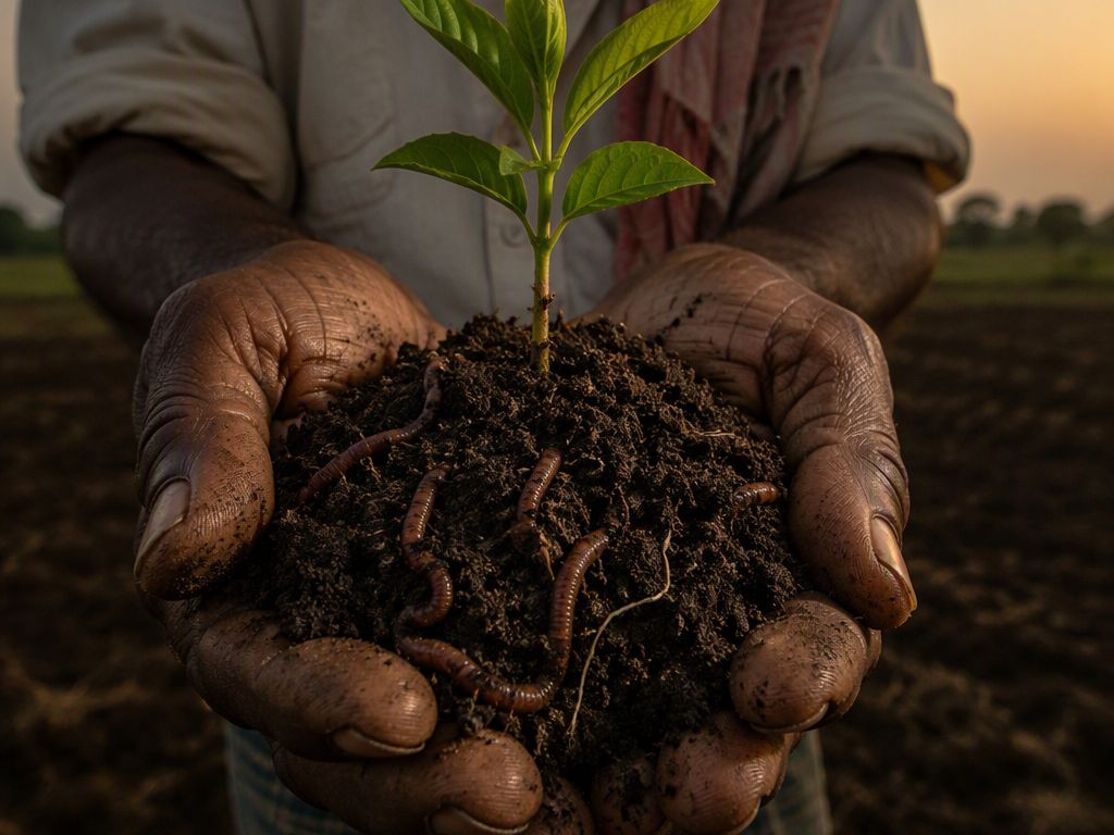 Cupped hands holding rich dark soil with a young seedling