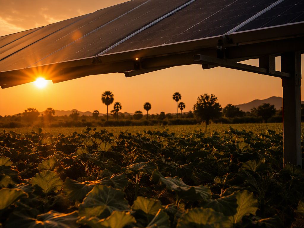 Solar panels above farmland at dusk with sun flare