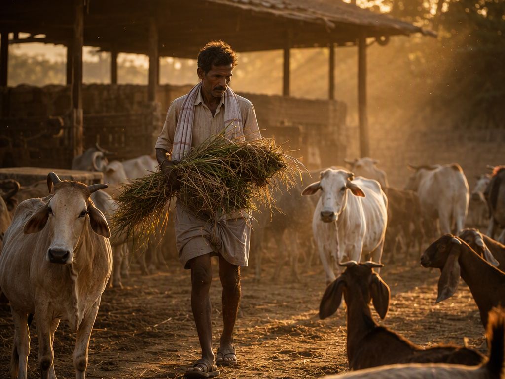 Cows and goats at a clean rural cattle shelter in morning light