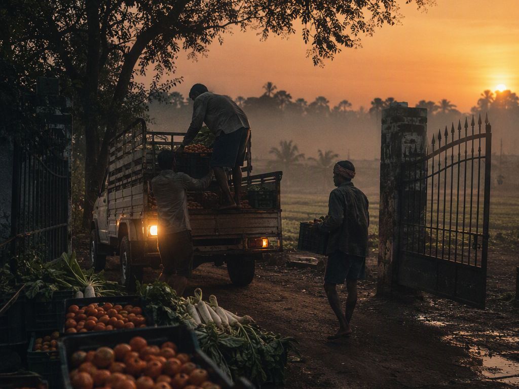 Crates of graded vegetables loaded onto a truck at dawn