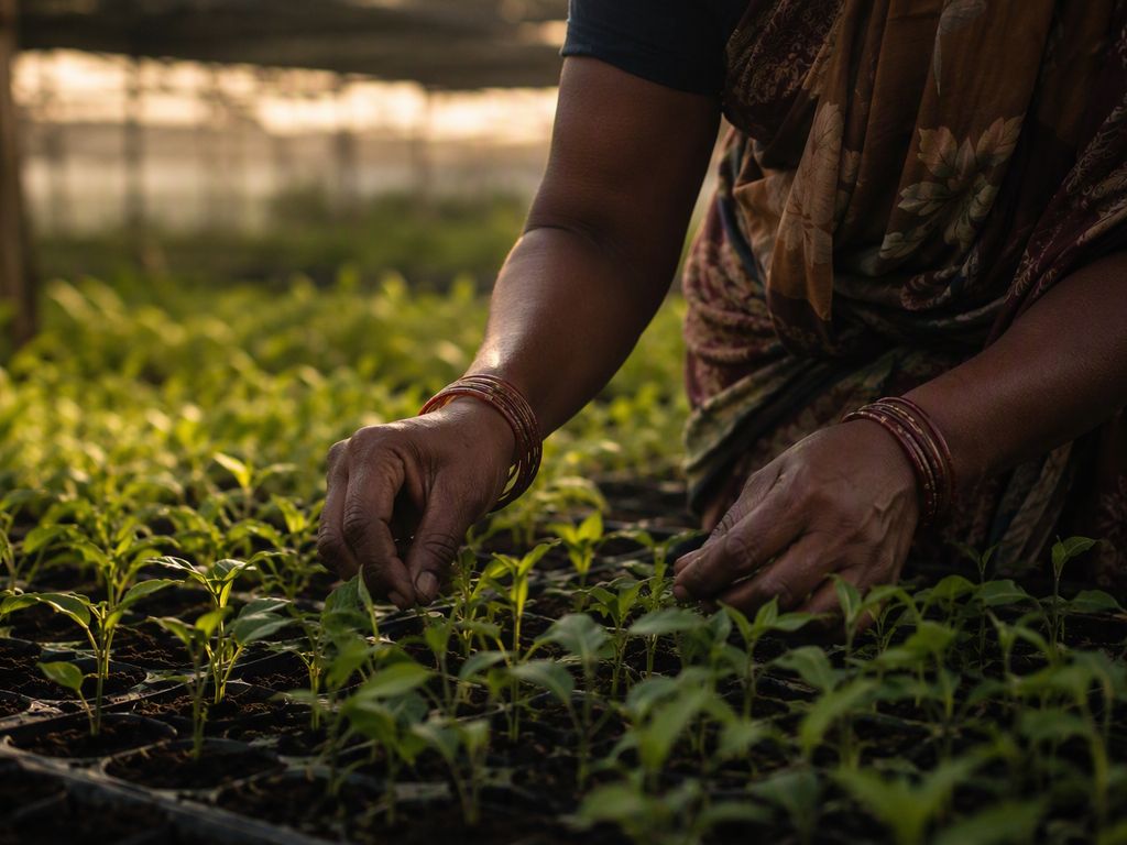 Hands tending young seedlings in a nursery tray