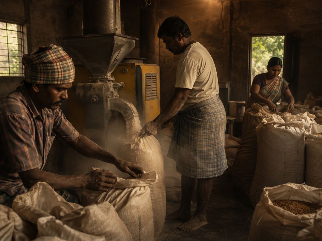 Grains being milled and packed at a small rural processing unit