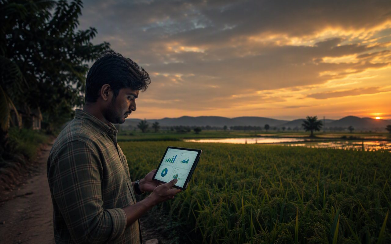 An agronomist reviewing a live farm dashboard on a tablet at dusk